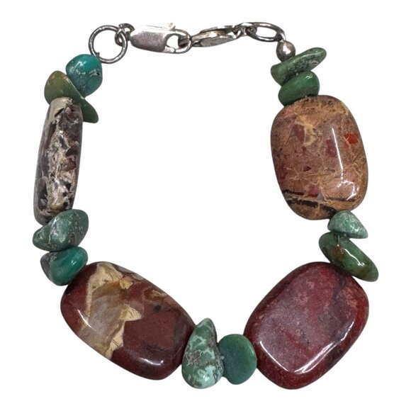 Vintage Chunky Artisan Natural Stone Turquoise Jasper Bracelet Sterling 5.5" - Picture 1 of 7